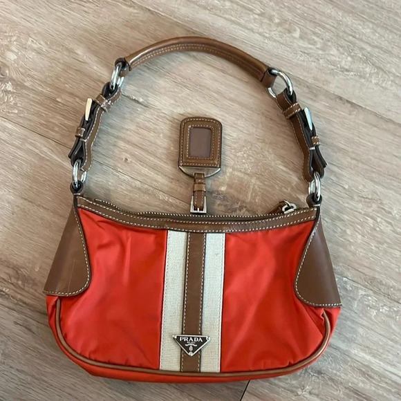 Prada Tessuto Nylon Striped Shoulder Bag - Orange/Brown - Picture 1 of 11